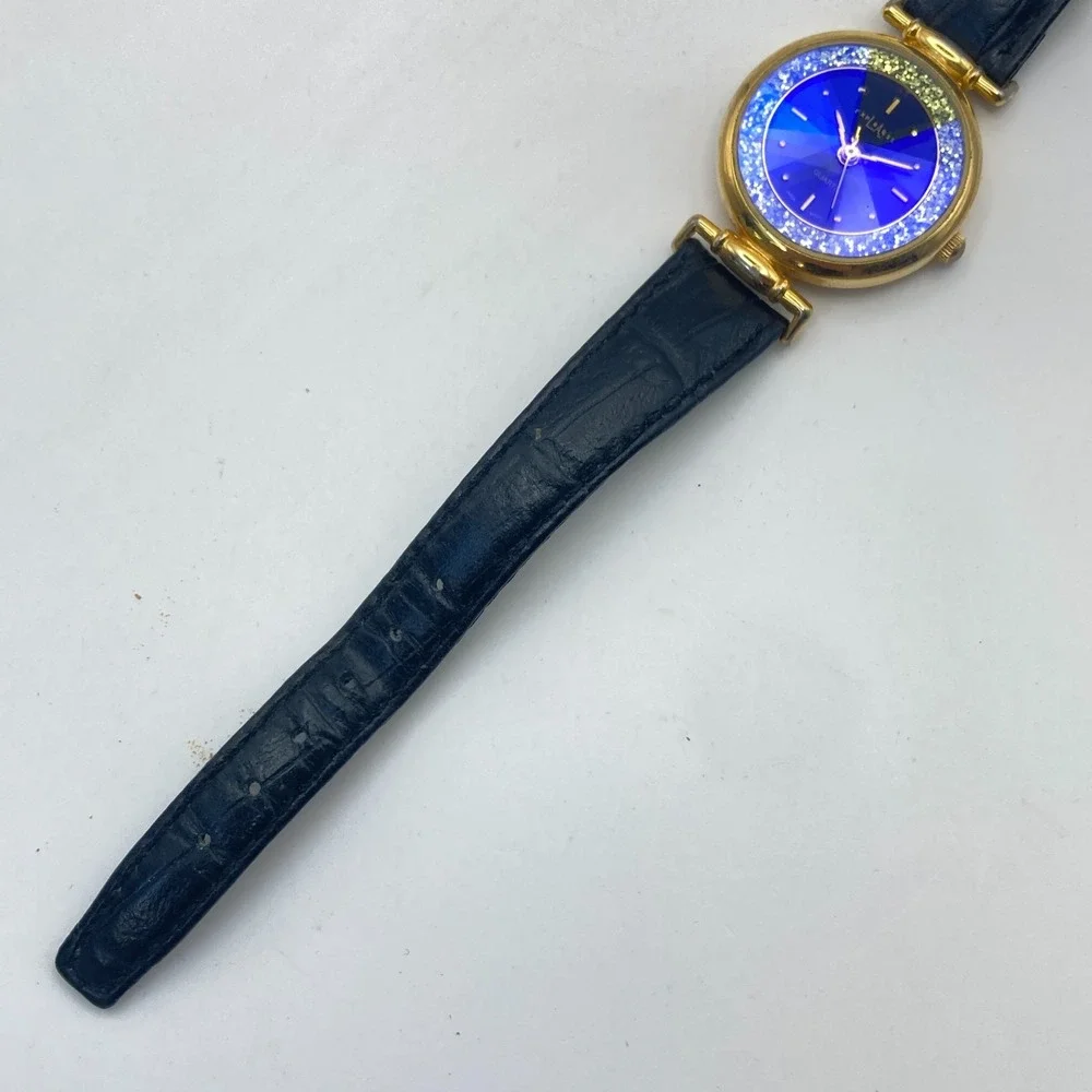 Vtg LA Express Womens Watch Gold Tone Blue Dial Faceted Glitter New Battery 7.75